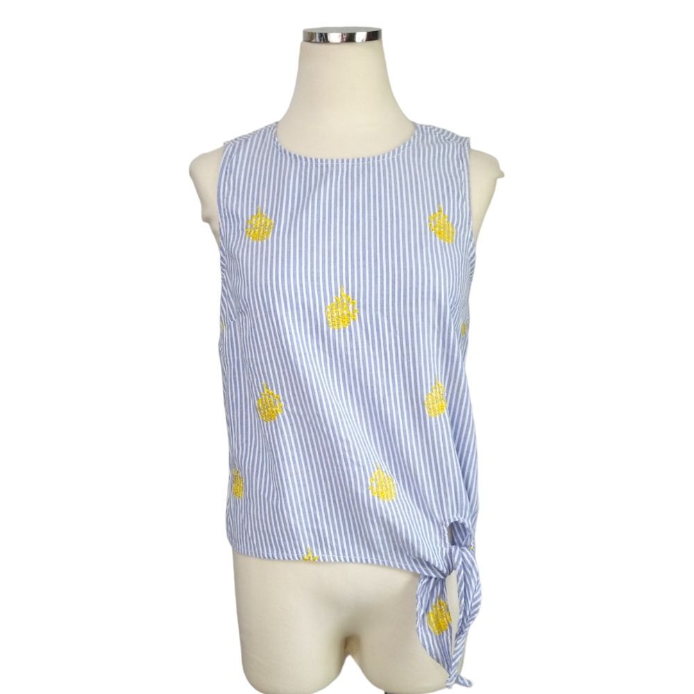 J.Crew Pineapple Embroidered Tie Waist Top 6 Blue Stripe Sleeveless Coastal